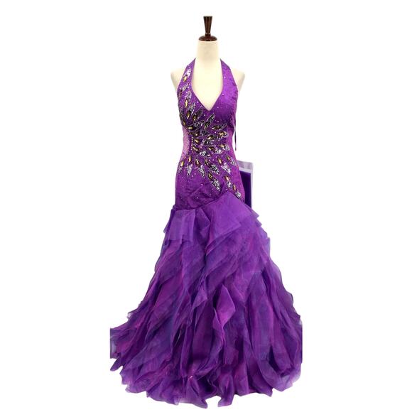 ASPEED M purple beaded halter tiered Y2k gown prom pageant maxi dress NWT B173 - Picture 1 of 9